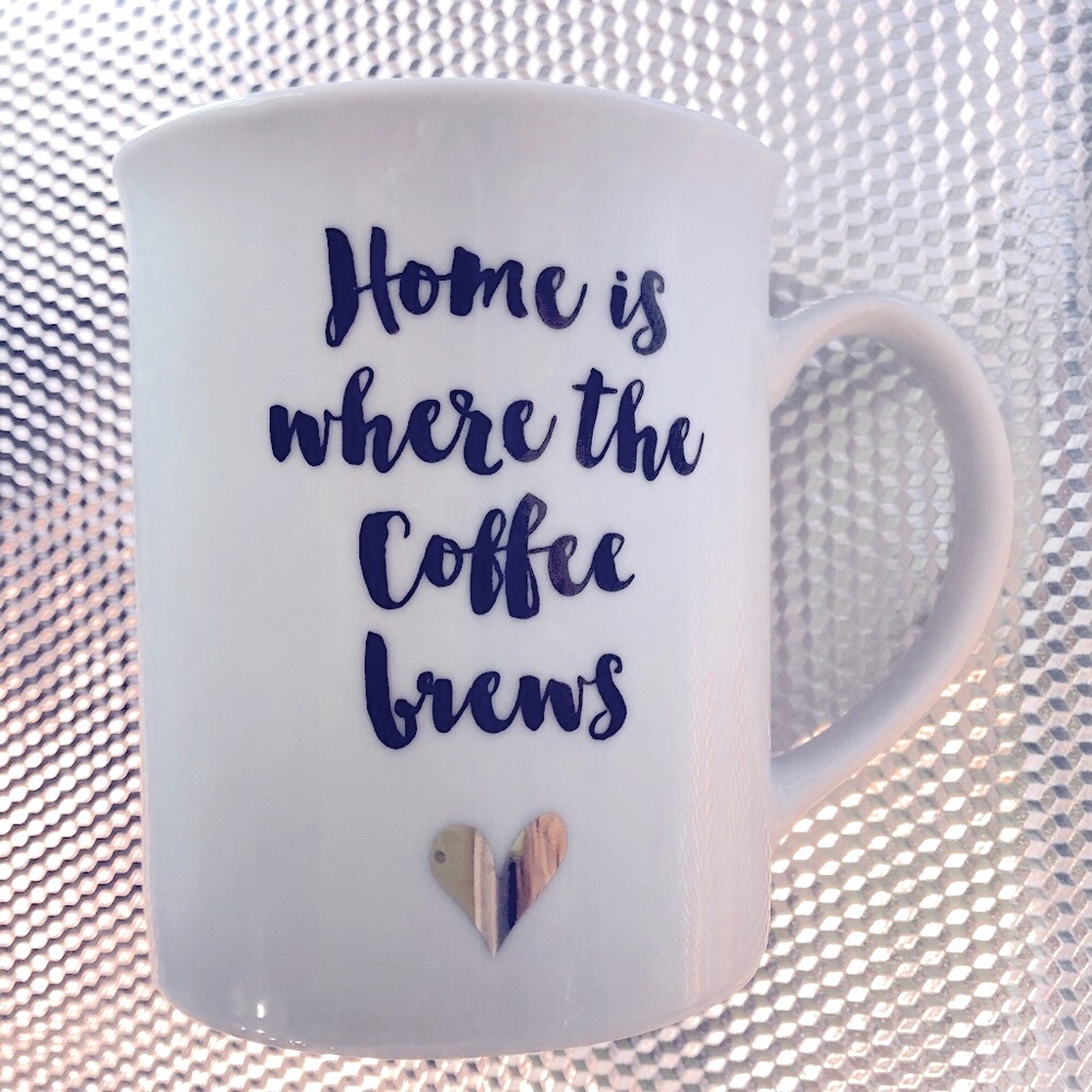HOME IS WHERE THE COFFEE BREWS Gold metallic heart